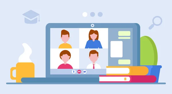 Video konferansı ve video dersi için illüstrasyon konsepti. Online eğitim. E-öğrenme. Web sitelerinde ve mobil uygulamalarda kullanılabilir. Öğrenme sürecinde olan bir öğrenci. Online iş. Çevrimiçi kurslar