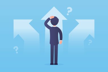 Vektör işi illüstrasyonu. Strateji ve yol seçme vektör konsepti. Takım elbiseli bir işadamı seçim şansı tanımadan kaybeder. Serbest meslek, kariyer ve rekabet. Karar verme.