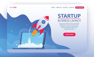 İniş sayfası şablonu. Başlangıç, yatırım, yenilikçi büyüme, teknoloji geliştirme ve iş başlatma vektör kavramı. Web sayfası ve sunumu için vektör illüstrasyonu. Roket fırlatıldı. Açılış.