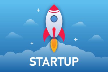 Başla. İş açılışı. Web afişleri ve siteleri için modern konsept düz vektör çizimi. Düzenlemesi kolay. Başarılı bir roket fırlatma. Yatırım, yenilikçi büyüme ve teknoloji gelişimi. Yükselt.