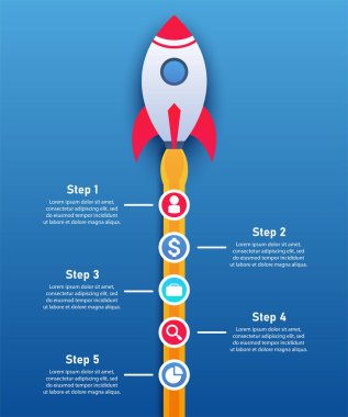 Bilgi grafikleri. Roket yukarı doğru uçuyor. Üzerinde metin bulunan ikonların bulunduğu roket türbinlerinin izi. Sunum ya da web siteleri için kullanılabilir. En yüksek ve en düşük oranlar. Veri ve adımlar.