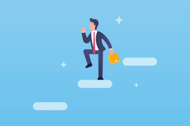 Vektör işi illüstrasyonu. Başarı vektör konsepti. Takım elbiseli neşeli iş adamı merdivenlerden çıkıyor. Serbest meslek, kariyer. İlerleme, arzu, deneyim. Web pankartları ve siteler için kullanılabilir.