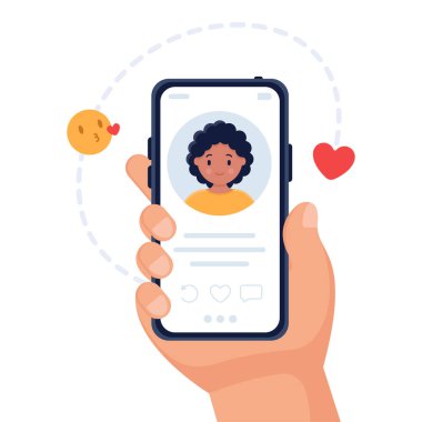 Online randevu vektörü konsepti. Randevu uygulaması. Elinde kızın profili olan akıllı bir telefon var. Sosyal ağ konsepti. Gençler bir çift arıyor. Kadın ve erkek internette sohbet ediyorlar..