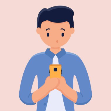 Çevrimiçi sohbet vektörü konsepti. Mavi gömlekli şaşırmış adam akıllı telefonu tutuyor ve içine bakıyor. İnsan ve alet. İletişim ağı, arkadaşlık siteleri ve sosyal ağlar. Aygıtlara bağımlılık.