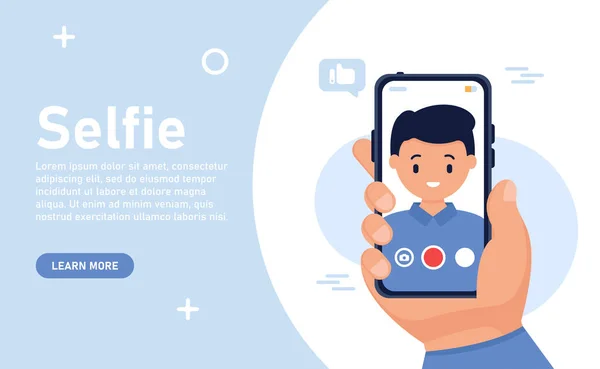 Web afişi konsepti. Akıllı telefondan selfie çeken bir adam. Akıllı telefon ekranında erkek portresi. Vektör düz çizim. Adamın selfie videosu, kendi portresi, elinde akıllı telefon..