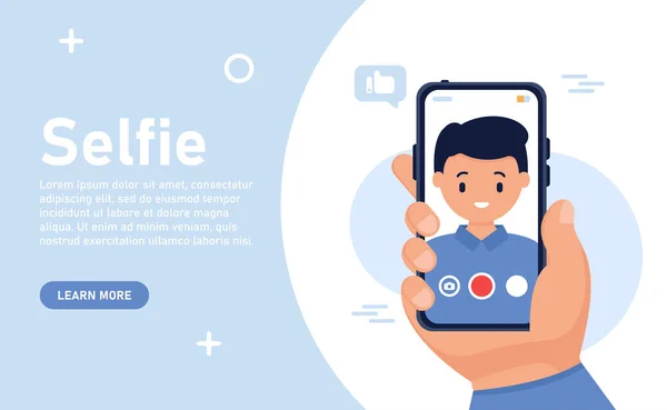 Webバナーのコンセプト スマートフォンで自撮り写真を撮る男 男性の顔の肖像画スマートフォンの画面上 ベクトルフラットイラスト 男性のセルフィービデオ ポーズ自己肖像 手にスマートフォン — ストックベクタ