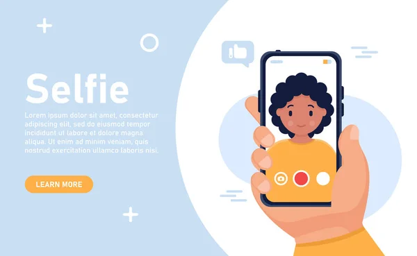 Web afişi konsepti. Akıllı telefondan selfie çeken bir adam. Akıllı telefon ekranında kadın portresi. Vektör düz çizim. Elinde akıllı telefonla kendi portresini çizen bir adamın selfie videosu..