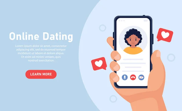 ベクトルWebバナーのコンセプト 手は女の子のプロフィールでスマートフォンを保持しています デートアプリ ソーシャルネットワークの概念 関係の仮想通信 若い人たちはカップルを探している — ストックベクタ