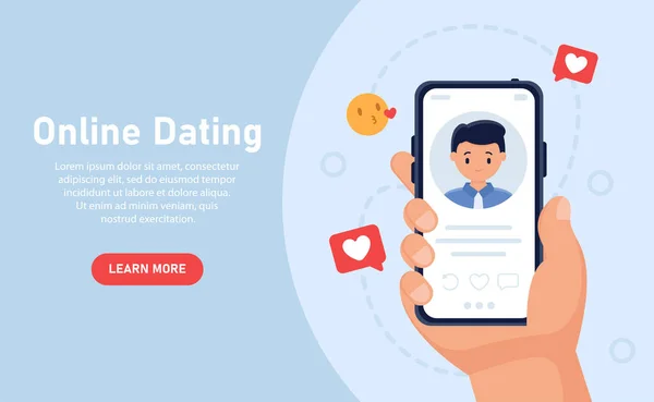 ベクトルWebバナーのコンセプト 手は男のプロフィールとスマートフォンを保持しています デートアプリ ソーシャルネットワークの概念 関係の仮想通信 若い人たちはカップルを探している — ストックベクタ