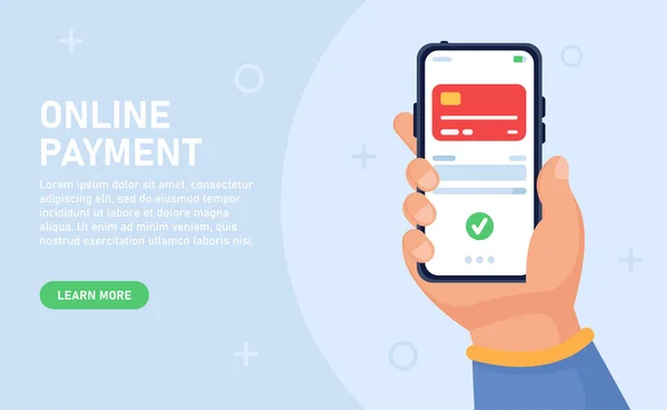 Çevrimiçi ödeme için vektör konsepti. El, ödemeli başvuru formunun açık olduğu bir akıllı telefon tutar. Başarılı para transferi. Web siteleri ve mobil uygulamalar için kullanılabilir.