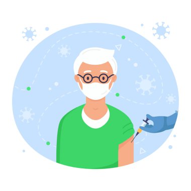 Yaşlılara aşı olmak. Aşı zamanı. Virüsle savaşıyorum. Bir doktor yaşlı bir adamın eline şırıngadan aşı enjekte ediyor. Tıbbi yayınlar için illüstrasyon. Vektör illüstrasyonu.