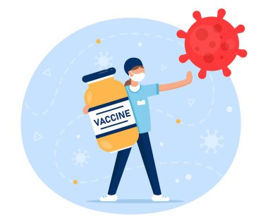 Aşı zamanı. Covid-19. Coronavirus. Virüsle savaşıyorum. Elinde bir şişe aşı olan bir kız virüsün yayılmasını engelliyor. Tıbbi yayınlar için illüstrasyon. Koruyucu tıp. Web pankartı.