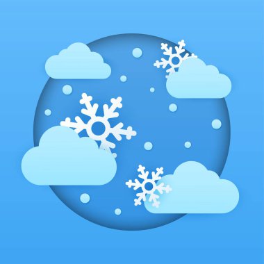 Kağıt kesiği hava kartı konsepti. Kar yağıyor. Soğuk bulutlar ve kar taneleri. Vektör karikatür düz çizim. Web sitelerinde ve web pankartlarında kullanılabilir.