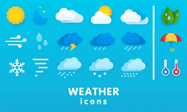 Meteoroloji simgelerini kesen vektör kağıtları. Güneşli, bulutlu, yağmurlu, rüzgarlı ve karlı hava için simgeler. Şemsiye, termometre, yeşil yapraklar, güneş ve ay bulutların arkasından, kar ve yağmur bulutları.