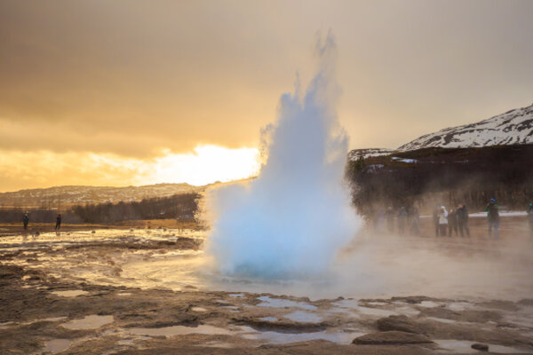 The Strokkur geyser in Iceland is erupting