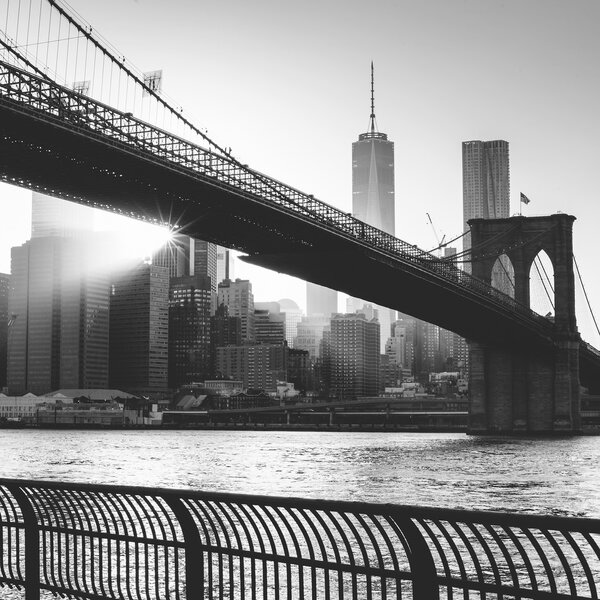 Brooklyn bridge at sunset, New York City in black and white