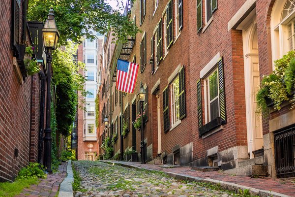 View of historic Acorn Street in Boston MA USA
