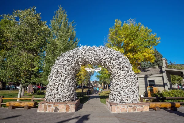 Large elk antler arches curve over Jackson Hole, Wyoming — Stock Photo, Image