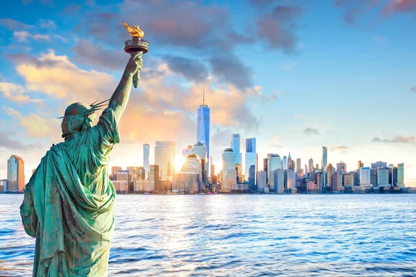 Statue Liberty New York City Skyline Sunset United States — Stock Photo, Image