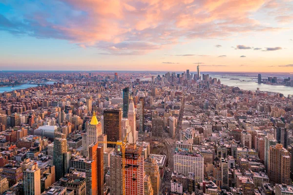 Veduta Aerea Dello Skyline Manhattan Tramonto New York City Negli — Foto Stock