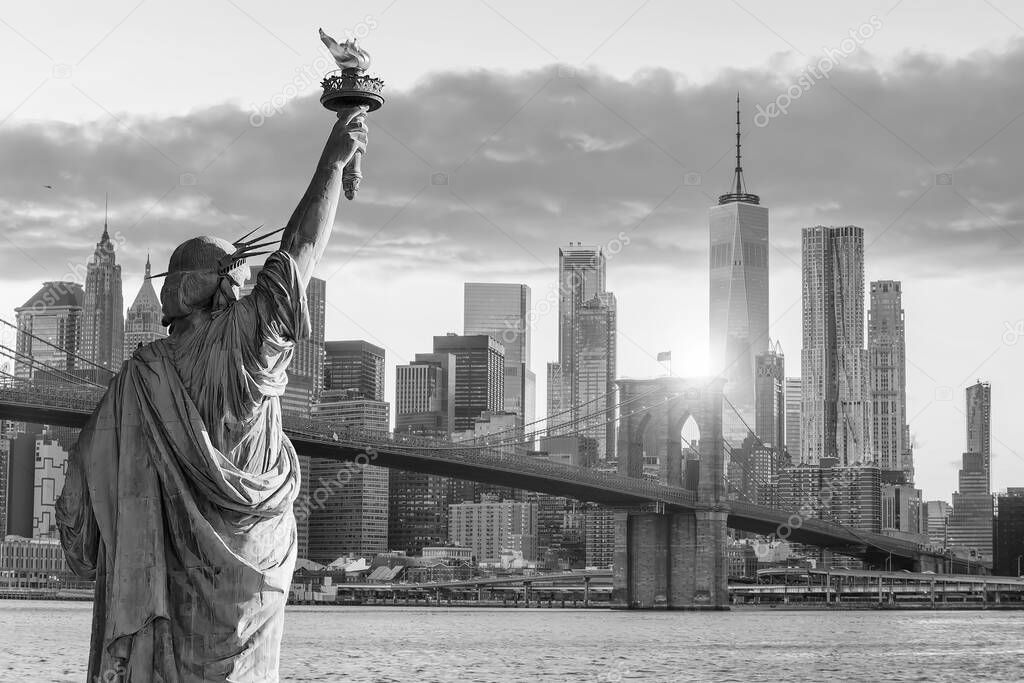 Statue Liberty and  New York city skyline in black and white,  in United States