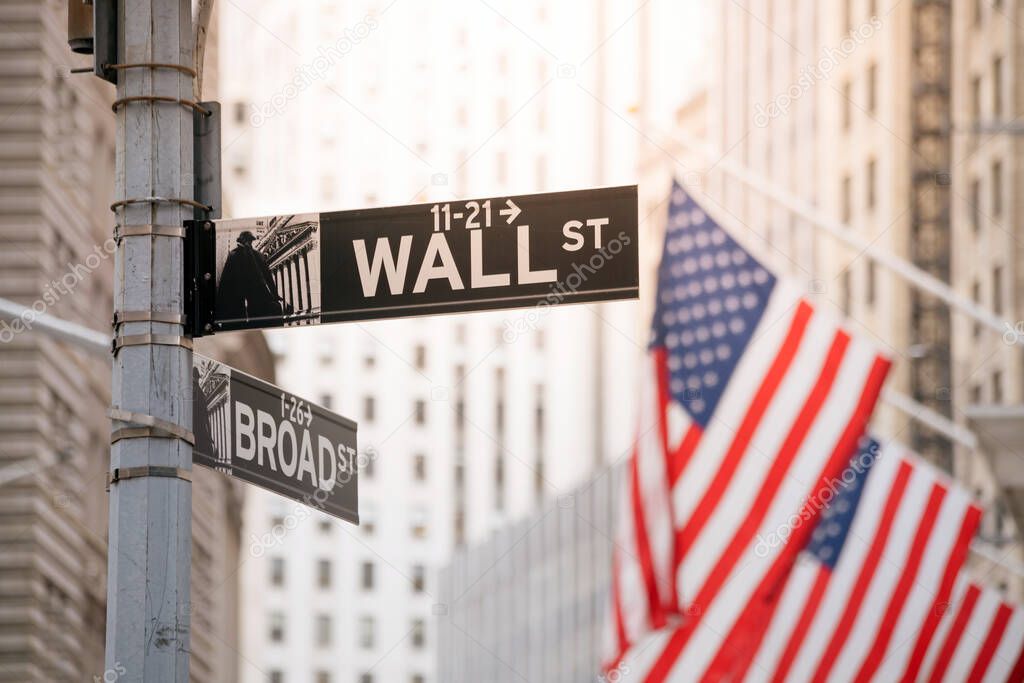 Wall Street sign in lower Manhattan New York, USA