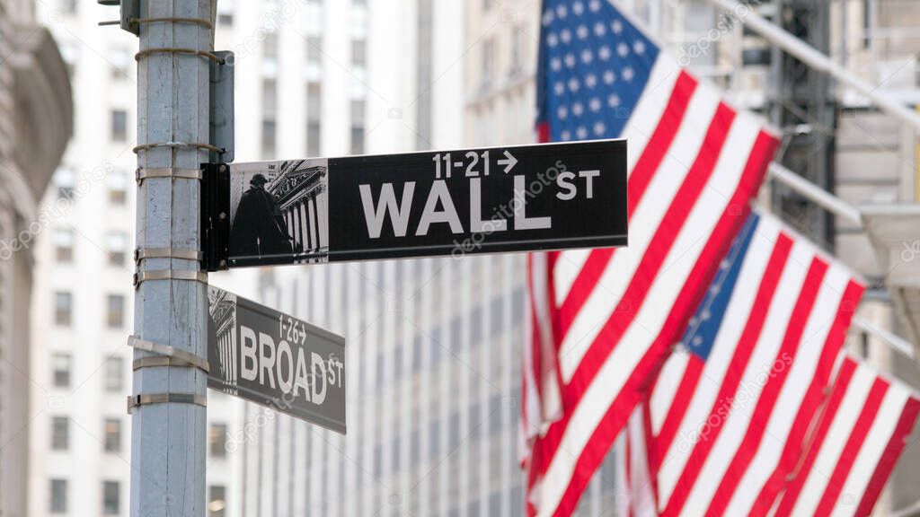 Wall Street sign in lower Manhattan New York, USA