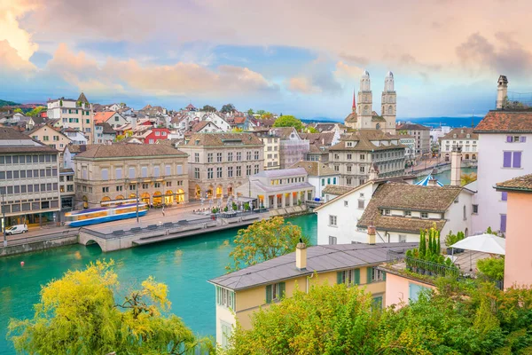 Hermosa Vista Del Centro Histórico Zurich Atardecer Suiza — Foto de Stock