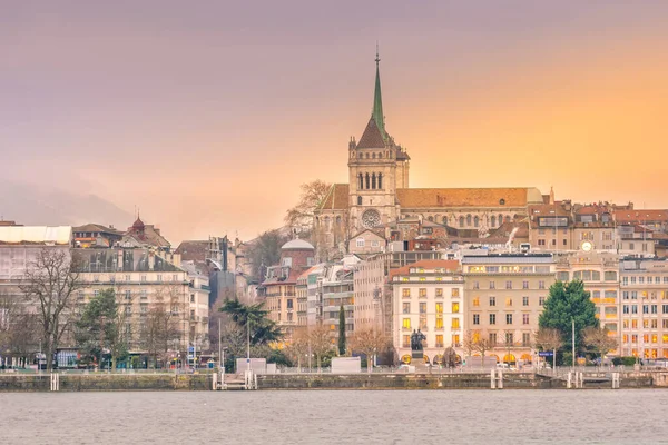 Stadtansicht Genfer Skyline Der Schweiz Der Dämmerung — Stockfoto
