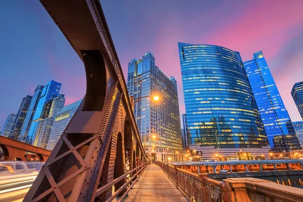 Chicago Pusat Kota Dan Chicago River Malam Hari — Stok Foto