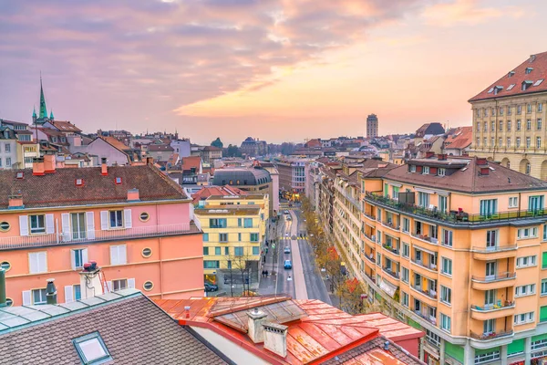 Skyline Der Innenstadt Von Lausanne Der Schweiz Bei Sonnenuntergang — Stockfoto