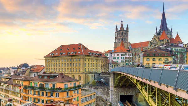 Centro Losanna Skyline Della Città Svizzera Tramonto — Foto Stock