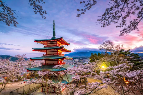 Красная Пагода Фудзи Чурейто Сакурой Закате — стоковое фото