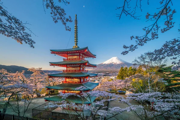 Βουνού Fuji Και Chureito Κόκκινο Παγόδα Άνθη Κερασιάς Sakura Στο — Φωτογραφία Αρχείου