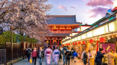 Asakusa 'daki alışveriş sokağındaki turistler Sensoji Tapınağına bağlanıyor 