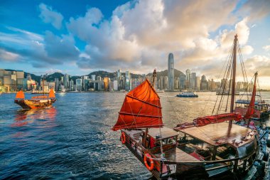 Victoria Limanı ve Hong Kong silueti Çin 'de antika bir gemiyle yükseliyor.