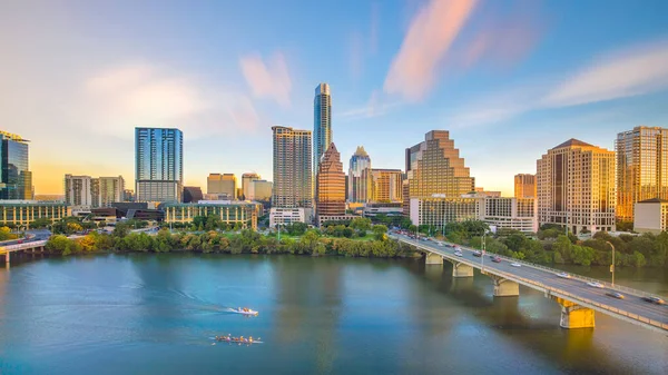 Skyline Centrum Austin Teksas Usa Góry Widok Zachód Słońca — Zdjęcie stockowe