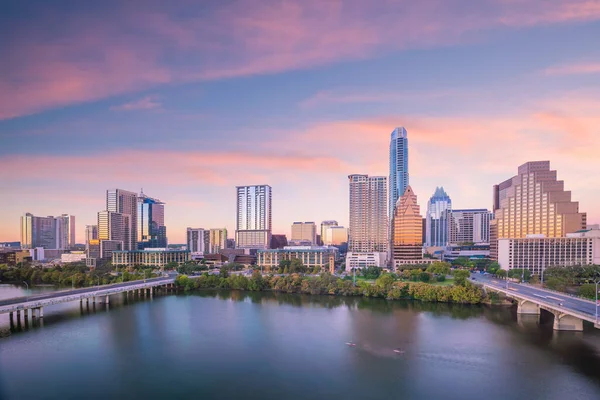 Skyline Centrum Austin Teksas Usa Góry Widok Zachód Słońca — Zdjęcie stockowe