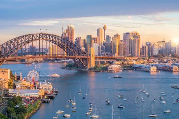 Sidney Şehir Merkezi Avustralya Alacakaranlıkta Tepeden Bakınca Ufuk Çizgisi — Stok fotoğraf