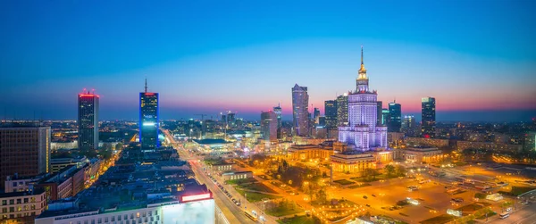 Zdjęcie Lotnicze Panoramy Warszawy Zachodzie Słońca — Zdjęcie stockowe
