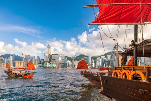 Victoria Harbour Hong Kong Skyline Vintage Hajó Kínában — Stock Fotó