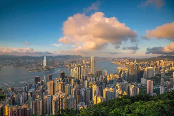 Vista Panorámica Del Puerto Victoria Horizonte Hong Kong China Atardecer — Foto de Stock