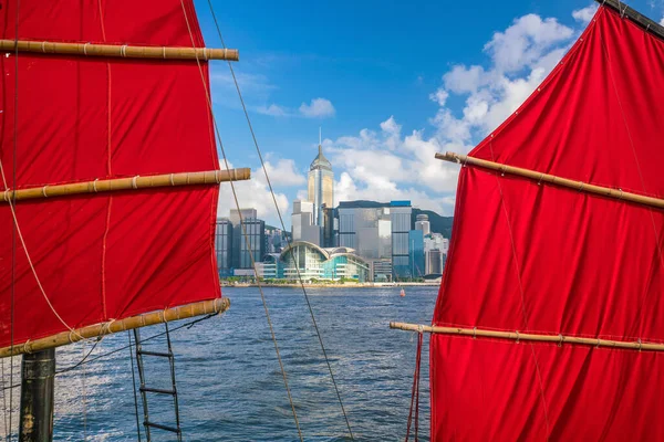 Victoria Harbour Hong Kong Skyline Vintage Hajó Kínában — Stock Fotó