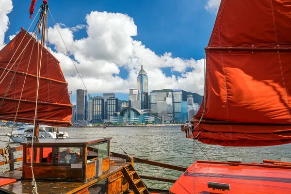 Victoria Harbour Hong Kong Skyline Vintage Hajó Kínában — Stock Fotó