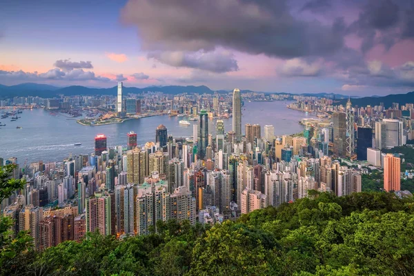 Vue Panoramique Port Victoria Des Toits Hong Kong Chine Coucher — Photo