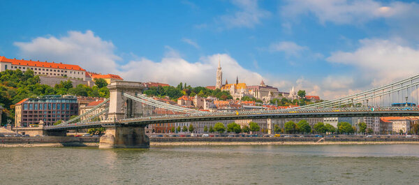 Budapest skyline in Hungary with Parliament building over delta of Danube river
