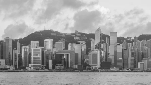 Panoramautsikt Victoria Harbor Hongkongs Skyline Kina Ved Solnedgang – stockfoto