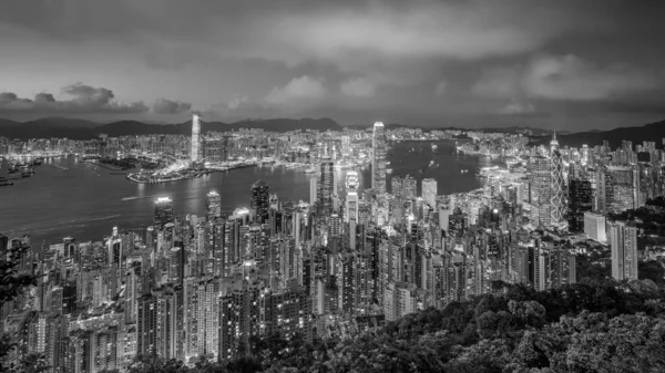Panoramautsikt Victoria Harbor Hongkongs Skyline Kina Ved Solnedgang – stockfoto