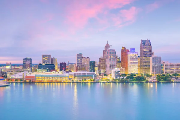 Detroit Skyline Michigan Usa Atardecer Desde Windsor Ontario Canadá — Foto de Stock