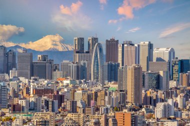 Tokyo şehrinin silueti (Shinjuku bölgesi) ve Fuji Dağı 'nın Japonya' da günbatımının en güzel manzarası